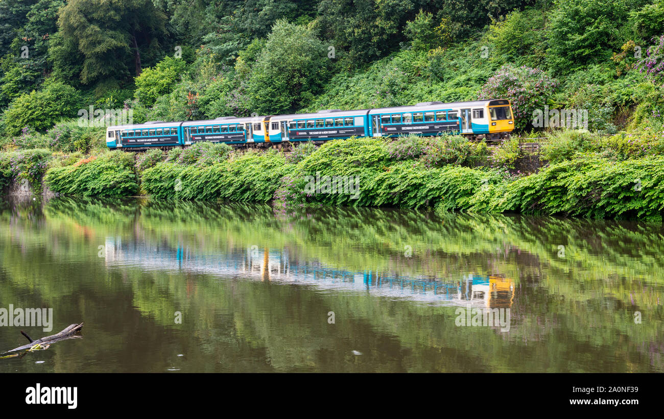 Cardiff, Wales, UK - July 19, 2019: A pair of 2-car Pacer passenger trains runs along the green banks of the River Taff at Radyr in the suburbs of Car Stock Photo
