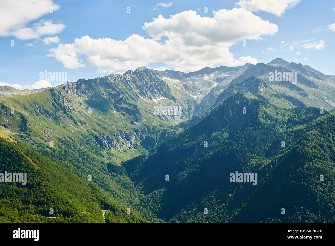 View of Pyrenees mountains and valleys from Col d’Agnes lookout in Parc naturel régional des Pyrénées ariégeoises (Ariège, Occitanie, Pyrenees,France) Stock Photo