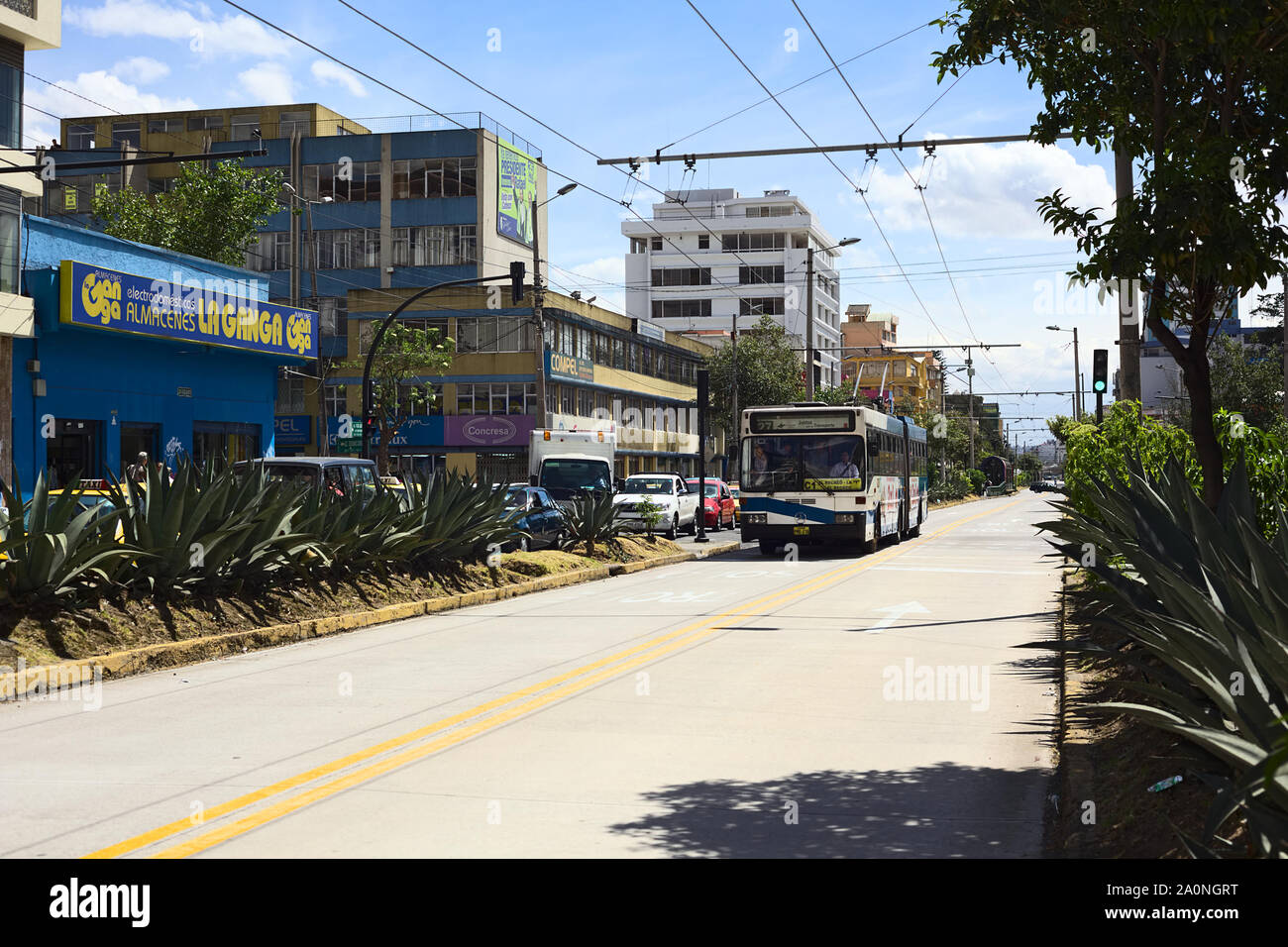 QUITO, ECUADOR - AUGUST 4, 2014: Trole C1 trolleybus of the bus rapid transit system on 10 de Agosto Avenue in Quito, Ecuador Stock Photo