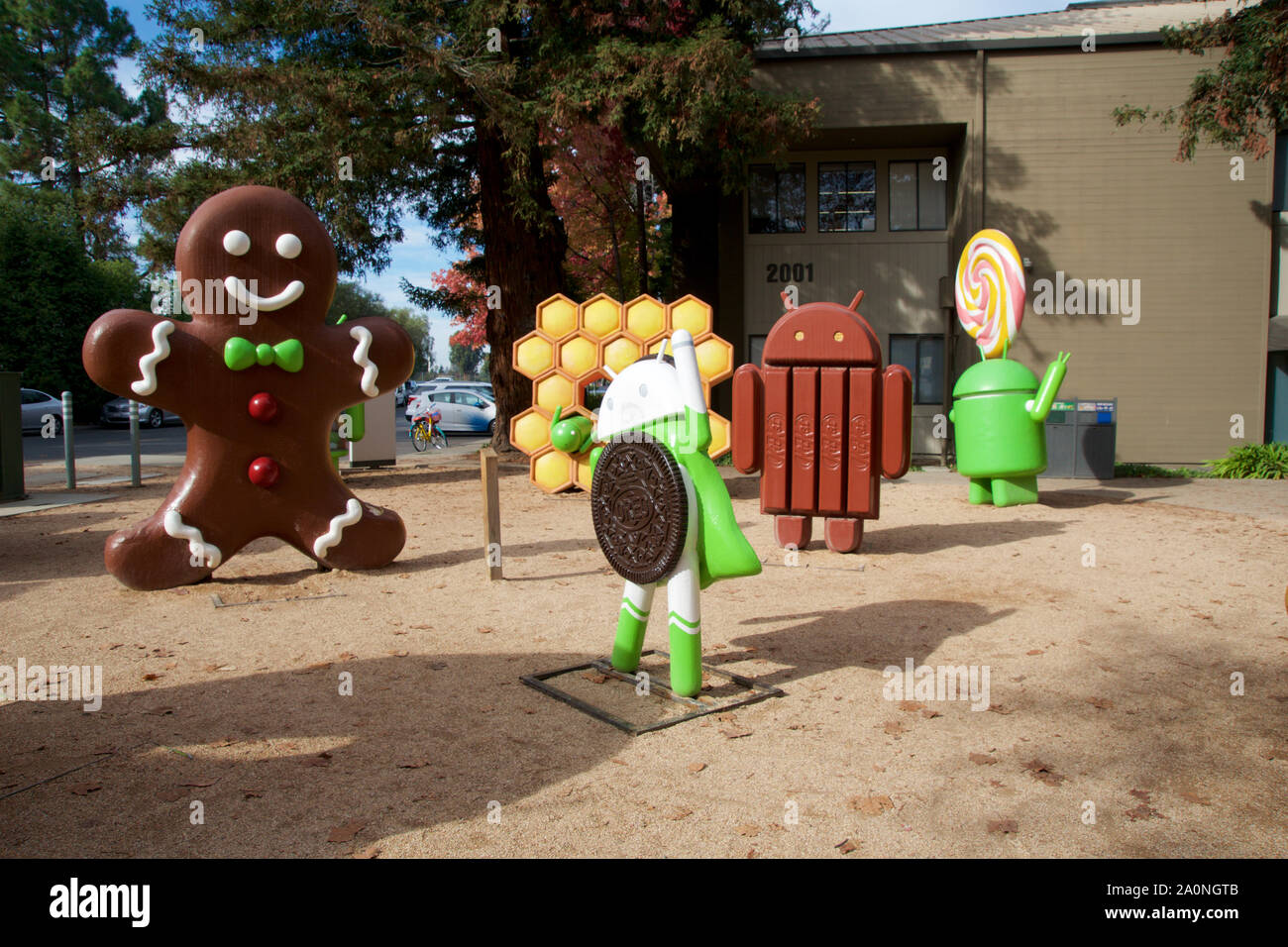 CUPERTINO, CALIFORNIA, UNITED STATES - NOV 26th, 2018: Android lawn statues at Google Visitor Center Beta. The Android lawn statues are a series of Stock Photo