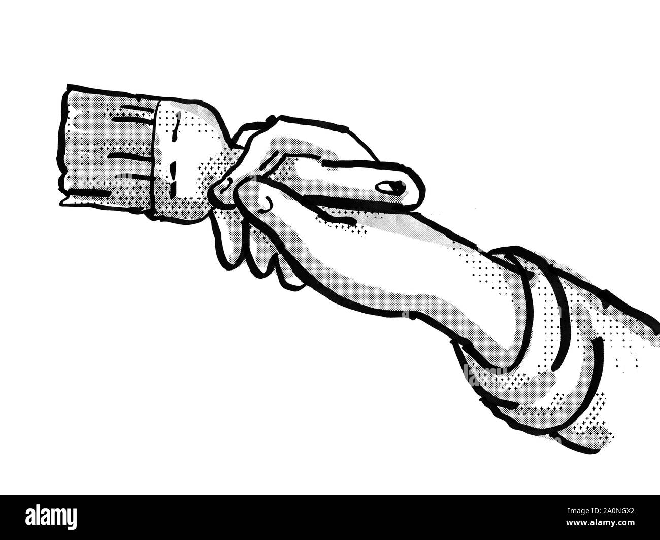 Retro cartoon style drawing of a domestic house painter hand painting with paintbrush on isolated white background done in black and white Stock Photo