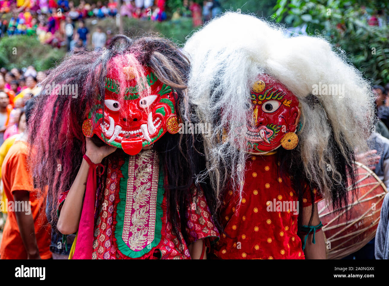 kathmandu,Nepal - Sep 6,2019 : Faces of Lakhey,Lakhey is a demon in Nepalese folklore, with a ferocious face.Lakhes figure prominently in traditional Stock Photo