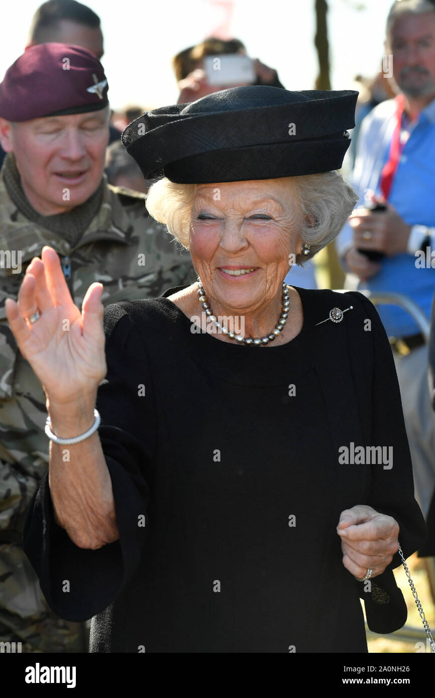 Princess Beatrix of The Netherlands at Ginkel Heath on Ginkel Heath near Ede attends a commemorative service and wreath-laying as part of the Operation Market Garden 75th anniversary commemorations near Arnhem, Netherlands. Stock Photo