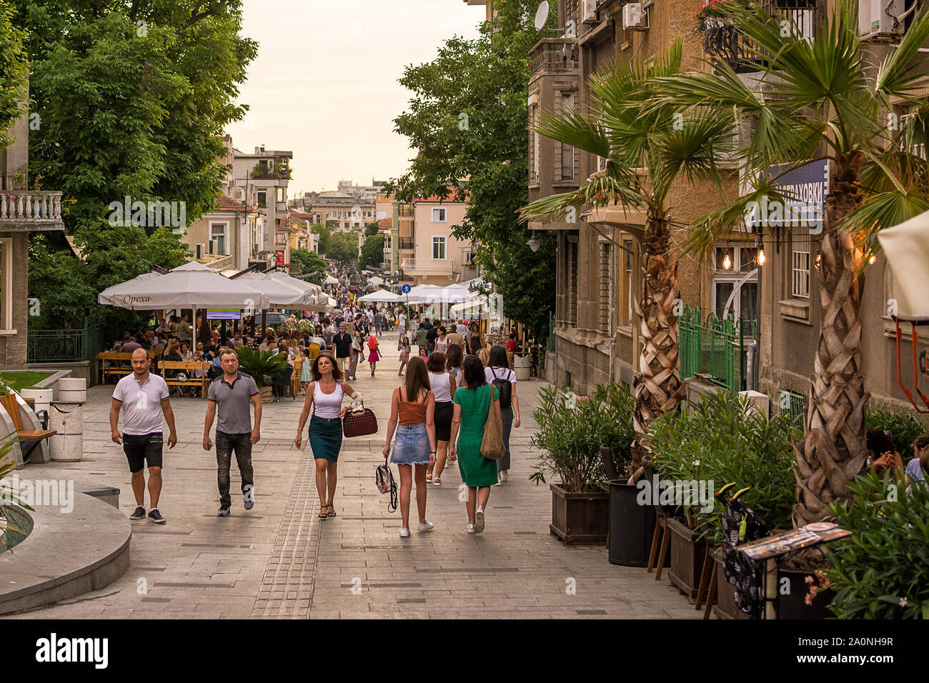 Burgas, Bulgaria - June 21, 2019: In the evening Bulgarians and tourists relax while strolling in Aleko Bogoridi in Burgas, Bulgaria Stock Photo