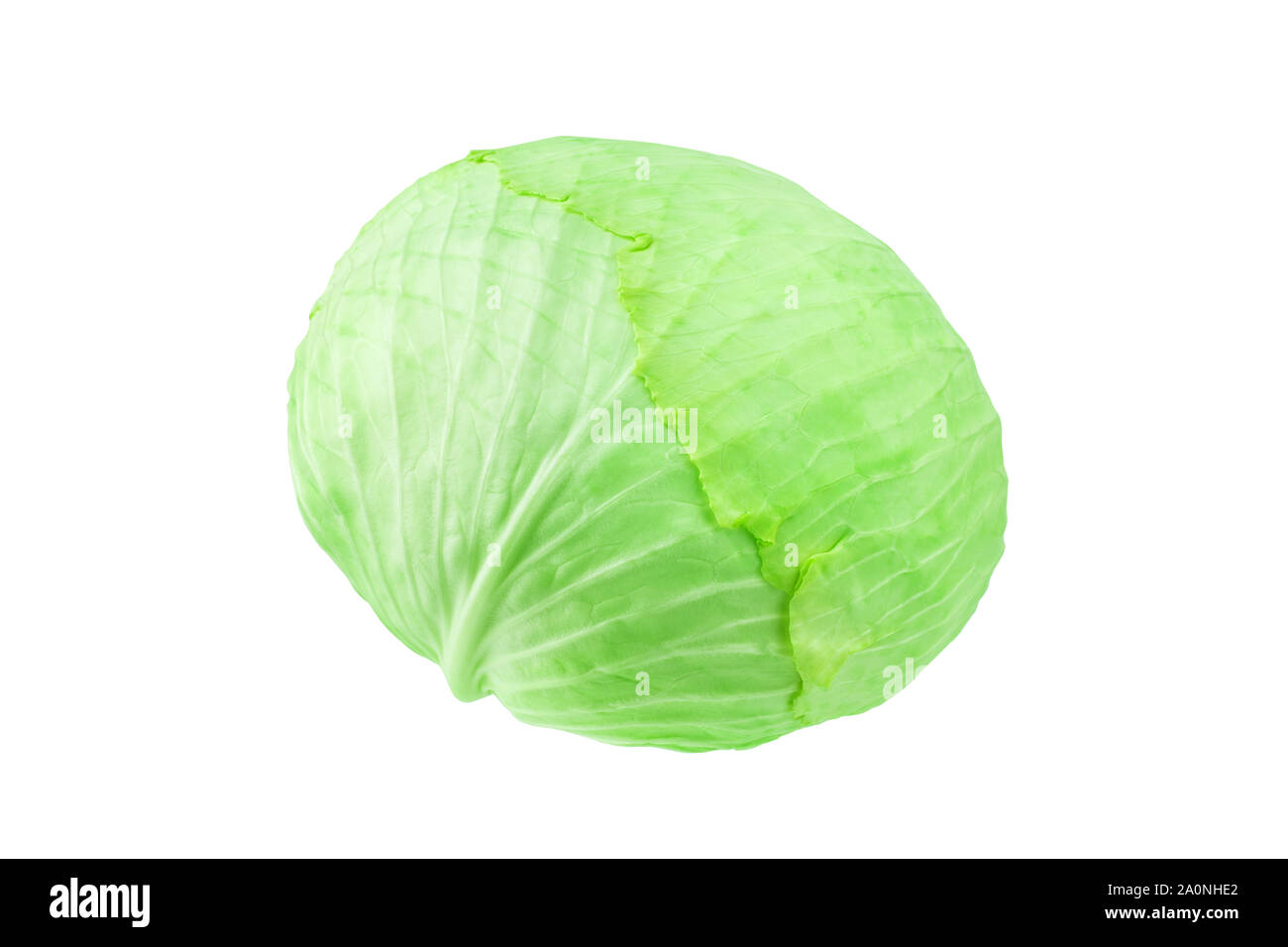 Whole head of green leafy cabbage on white background isolated close up