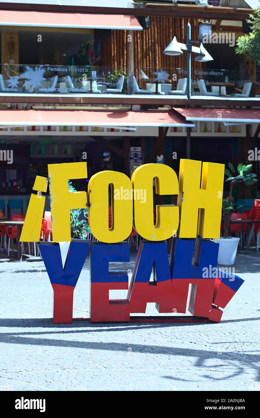 QUITO, ECUADOR - AUGUST 4, 2014: Foch Yeah sign in the Ecuadorian colors on Plaza Foch (Foch Square) in Quito, Ecuador Stock Photo