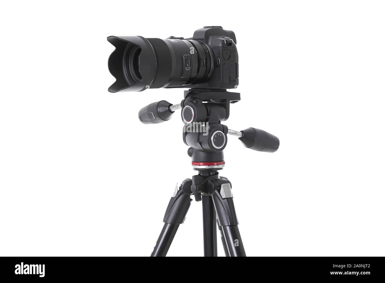 Sideview of professional camera device on holder isolated. Photo with