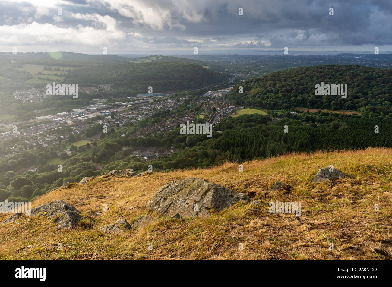 The cityscape of Cardiff is laid out below The Garth Mountain at Taff's Well at dawn Stock Photo