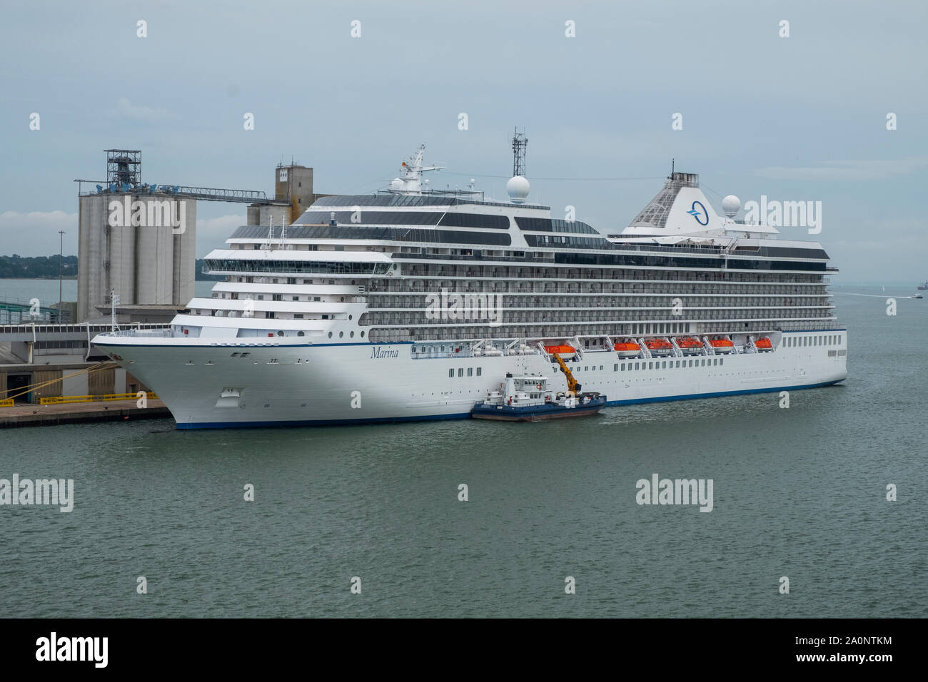 Cruise ship Marina (Majuro registered) in port at Southampton, UK, seen from the Queen Mary 2 Stock Photo