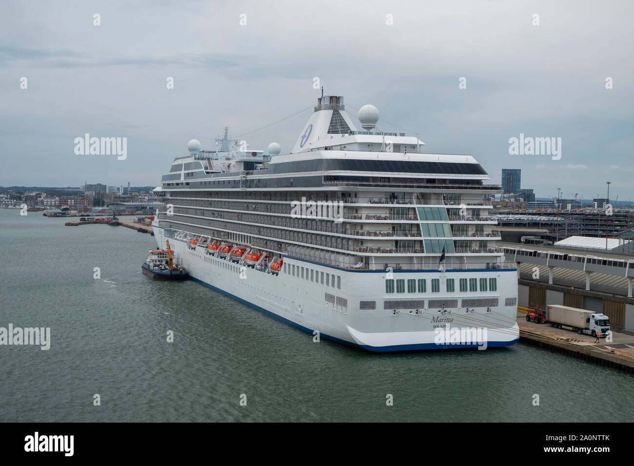 Cruise ship Marina (Majuro registered) in port at Southampton, UK, seen from the Queen Mary 2 Stock Photo