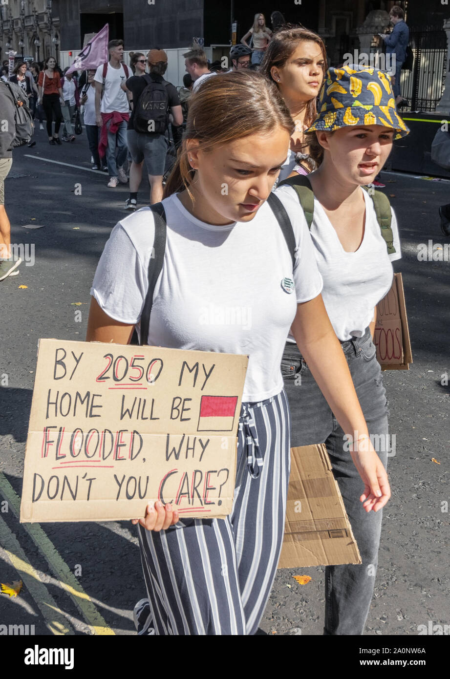 London / UK - September 20th 2019 - Young climate change activist holds a protest sign at the Climate Strike demonstration outside parliament in Westm Stock Photo