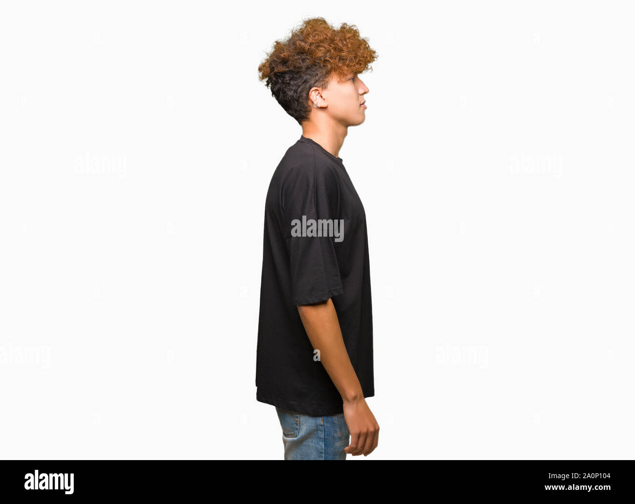 Young Handsome Man With Afro Hair Wearing Black T Shirt Looking To