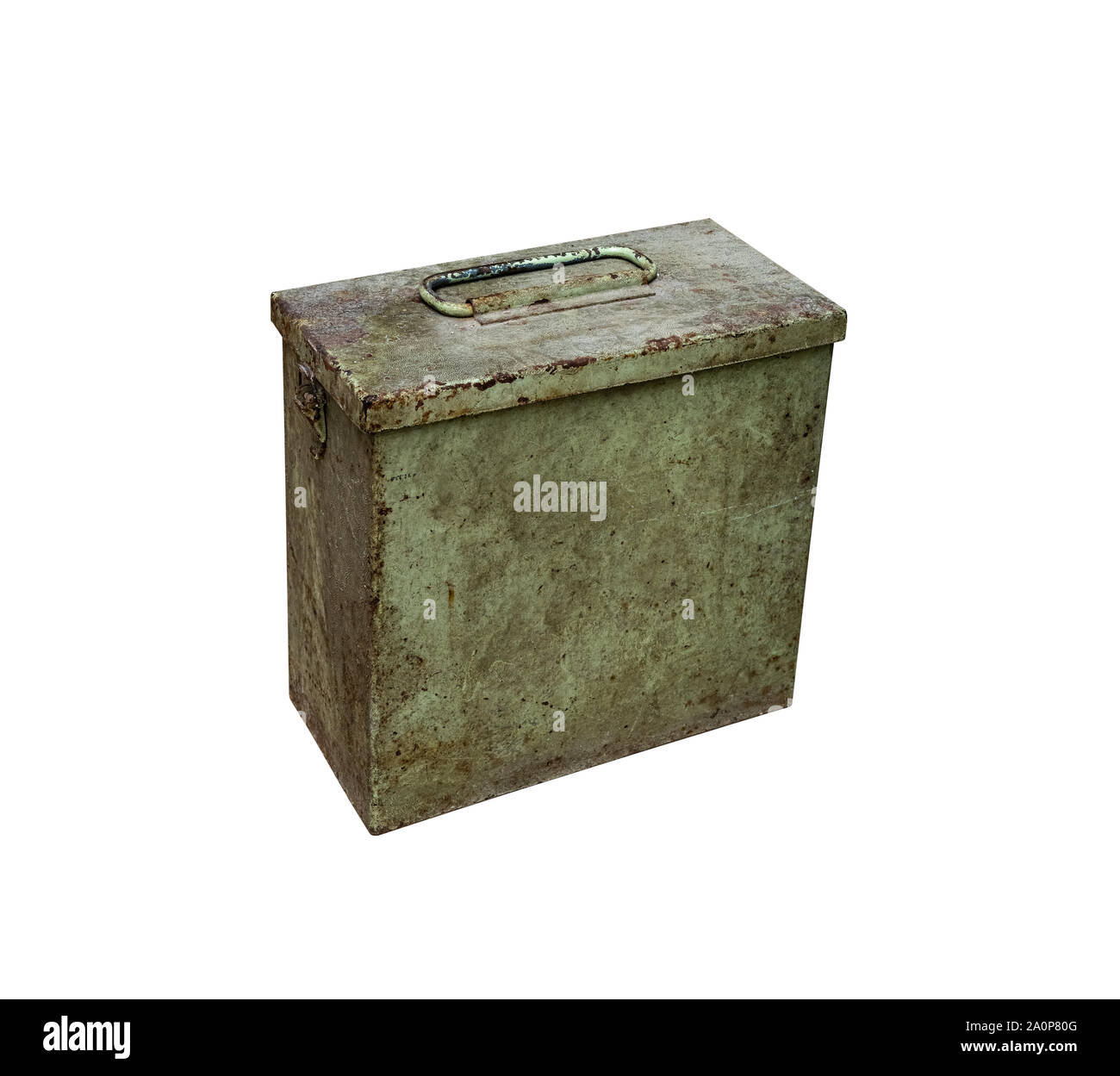 Old metal military box isolate on a white background. Green rusty