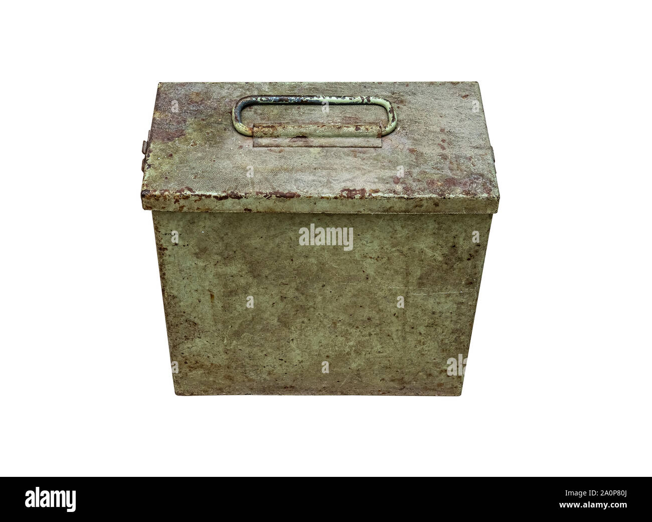 Old metal military box isolate on a white background. Green rusty