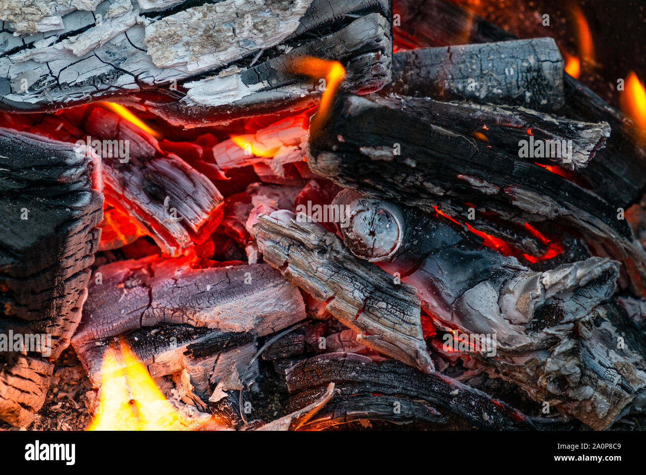 Closeup Of Burning And Smoldering Firewood Close Up Of Burning
