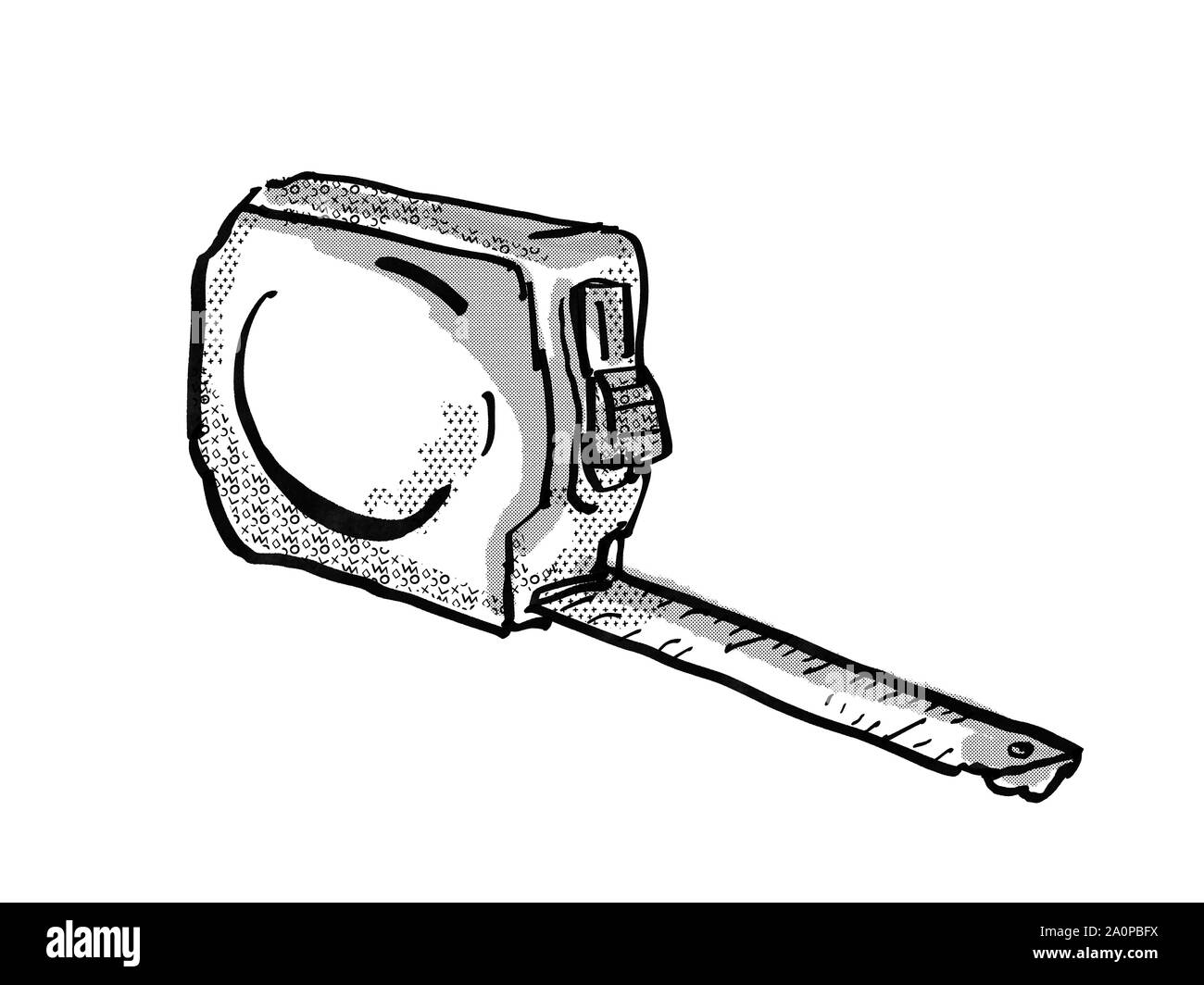 Retro cartoon style drawing of a measuring tape or tape measure on isolated white background done in black and white Stock Photo