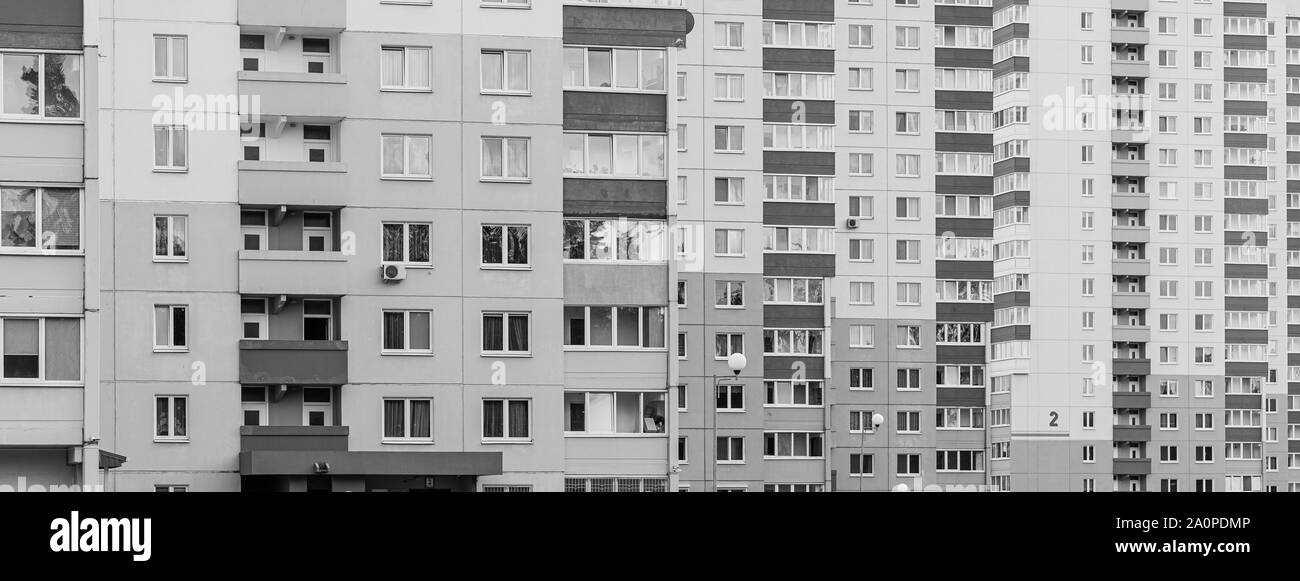 gray sad black and white view to city apartments with balconies Stock Photo