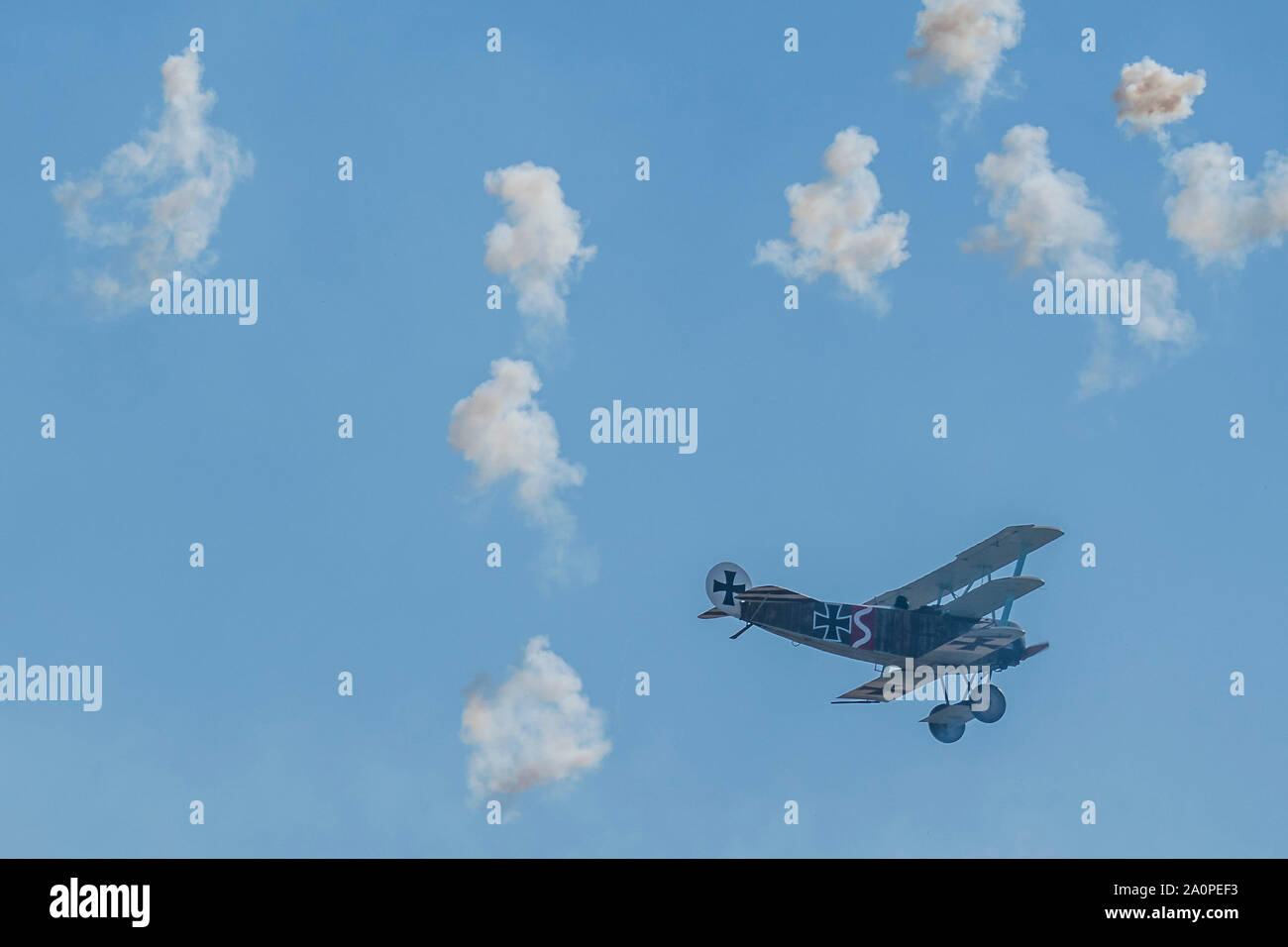 The Bremont Great War Display team simulate aerial combat in replica World War 1 planes - Duxford Battle of Britain Air Show at the Imperial War Museum. Also commemorating the 50th anniversary of the 1969 Battle of Britain film. It runs on Saturday 21 & Sunday 22 September 2019 Credit: Guy Bell/Alamy Live News Stock Photo