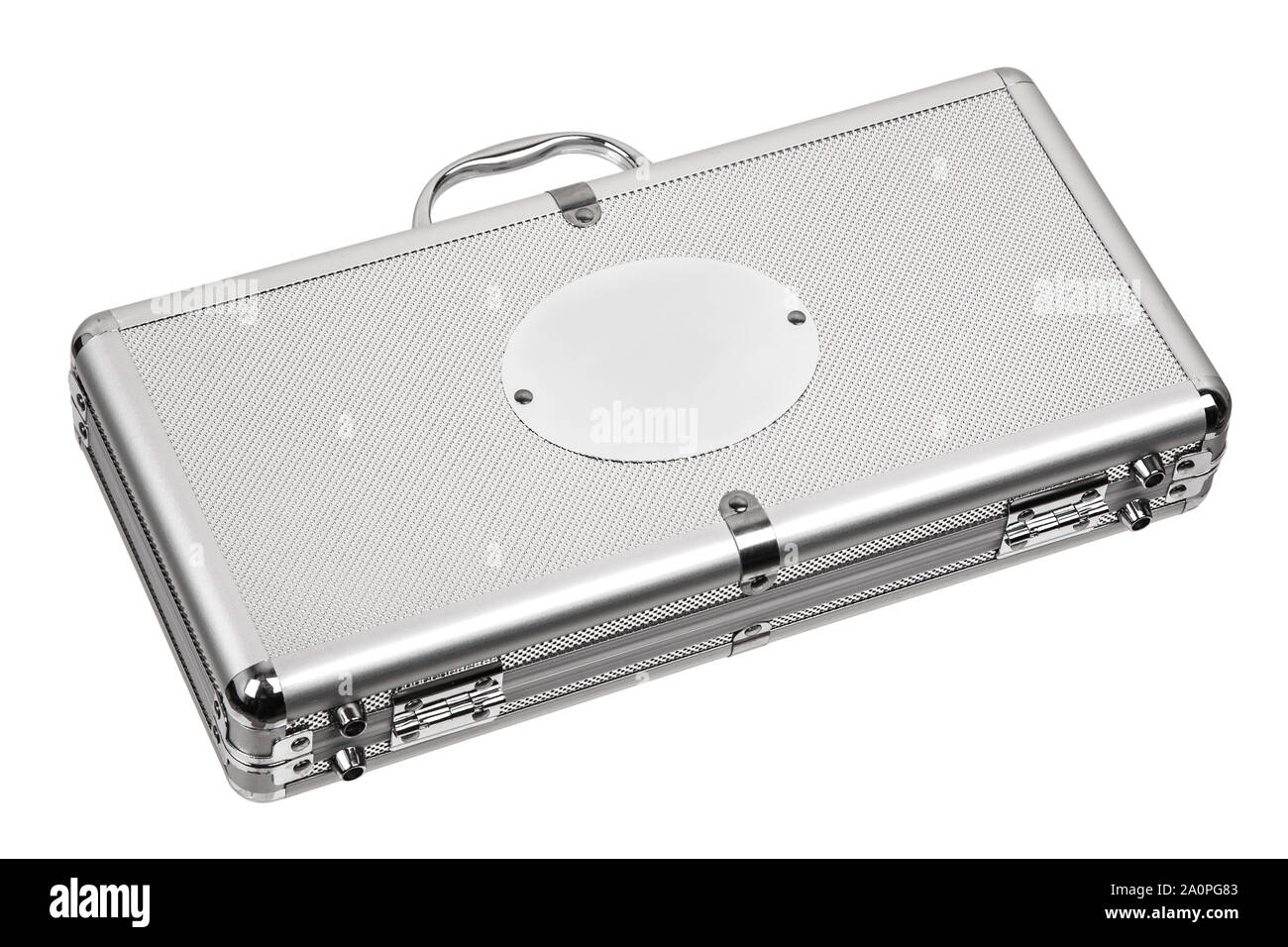 Aluminum briefcase case with metal corners isolated on white Stock