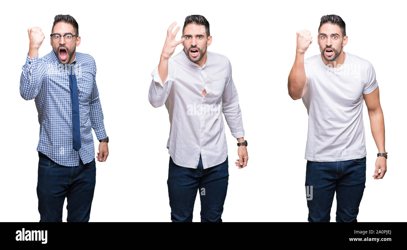 Collage of handsome business man over white isolated background angry ...