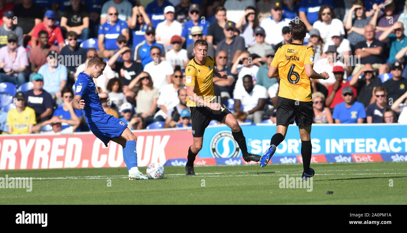 London UK 21 September 2019 - Marcus Forss of AFC Wimbledon (left) fires in their first goal during the Sky Bet League One football match between AFC Wimbledon and Bristol Rovers at the Cherry Red Records Stadium  - Editorial use only. No merchandising. For Football images FA and Premier League restrictions apply inc. no internet/mobile usage without FAPL license - for details contact Football Dataco . Credit : Simon Dack TPI / Alamy Live News Stock Photo