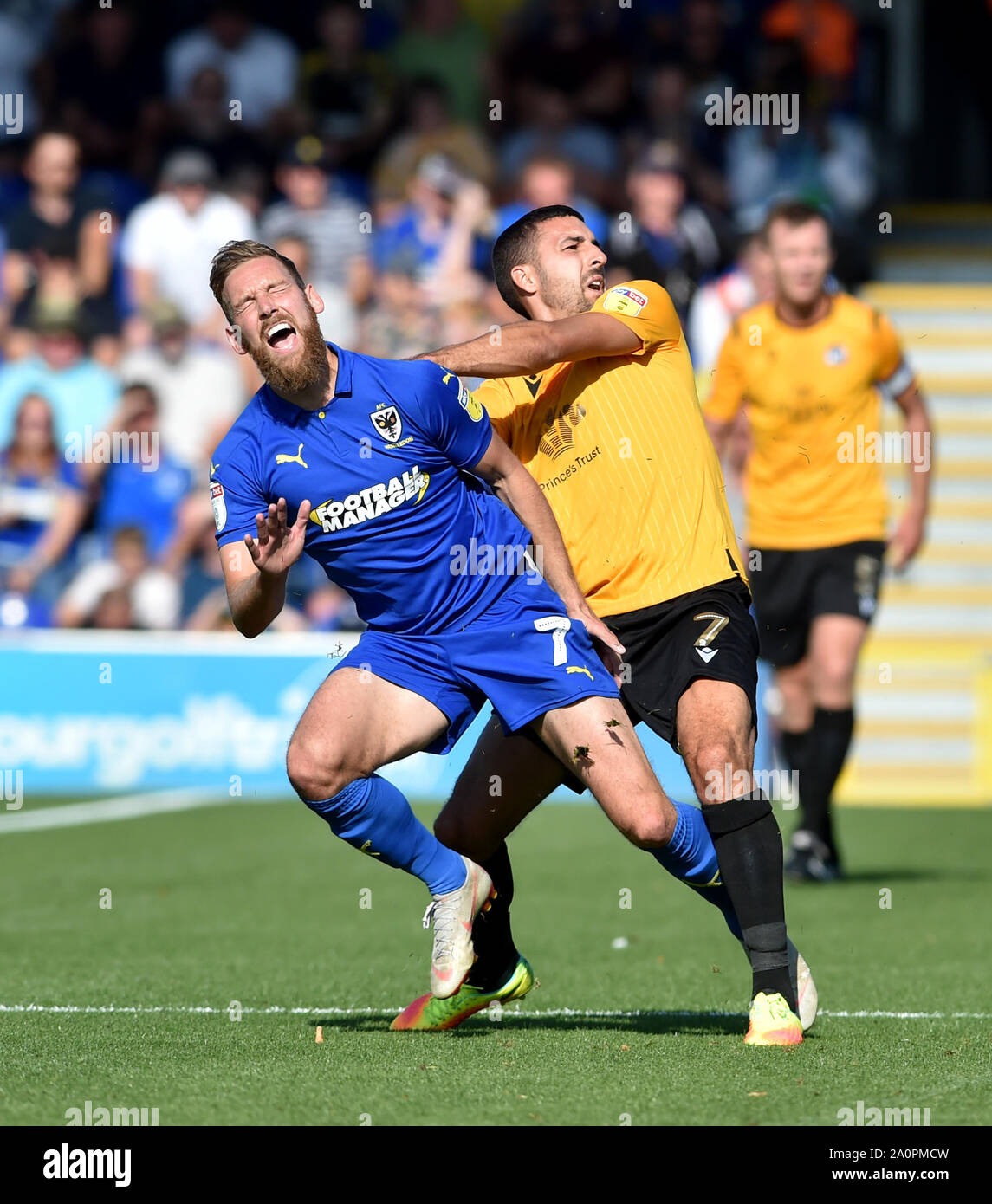 London UK 21 September 2019 - Scott Wagstaff of AFC Wimbledon (left) is fouled by Liam Sercombe of Bristol Rovers during the Sky Bet League One football match between AFC Wimbledon and Bristol Rovers at the Cherry Red Records Stadium - Editorial use only. No merchandising. For Football images FA and Premier League restrictions apply inc. no internet/mobile usage without FAPL license - for details contact Football Dataco. Credit  : Simon Dack TPI / Alamy Live News Stock Photo
