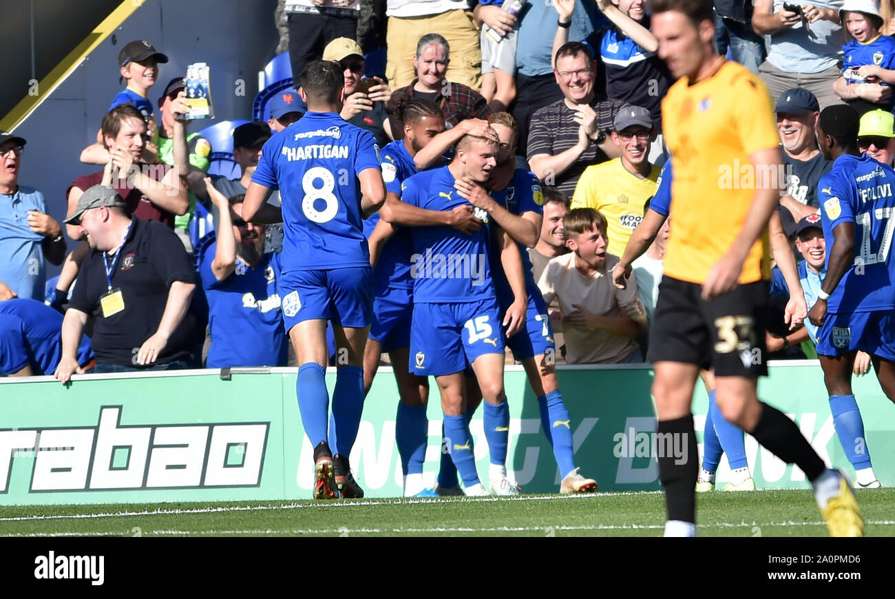 London UK 21 September 2019 - Marcus Forss of AFC Wimbledon celebrates after scoring their first goal during the Sky Bet League One football match between AFC Wimbledon and Bristol Rovers at the Cherry Red Records Stadium - Editorial use only. No merchandising. For Football images FA and Premier League restrictions apply inc. no internet/mobile usage without FAPL license - for details contact Football Dataco .  Credit : Simon Dack TPI / Alamy Live News Stock Photo