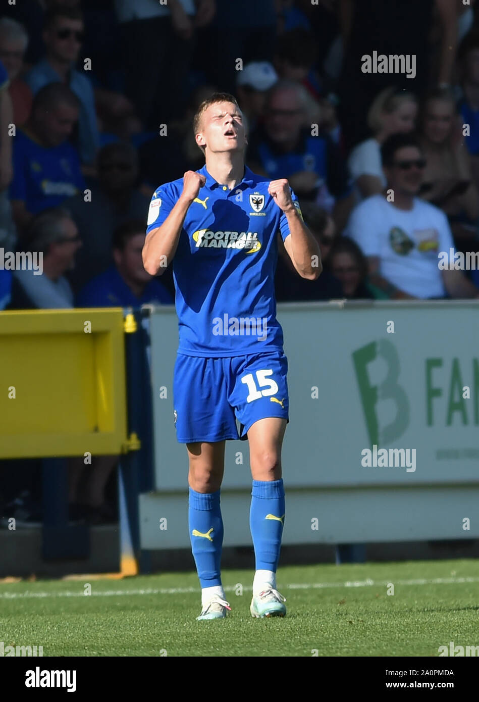 London UK 21 September 2019 - Marcus Forss of AFC Wimbledon celebrates after scoring their first goal during the Sky Bet League One football match between AFC Wimbledon and Bristol Rovers at the Cherry Red Records Stadium - Editorial use only. No merchandising. For Football images FA and Premier League restrictions apply inc. no internet/mobile usage without FAPL license - for details contact Football Dataco . credit  : Simon Dack TPI / Alamy Live News Stock Photo