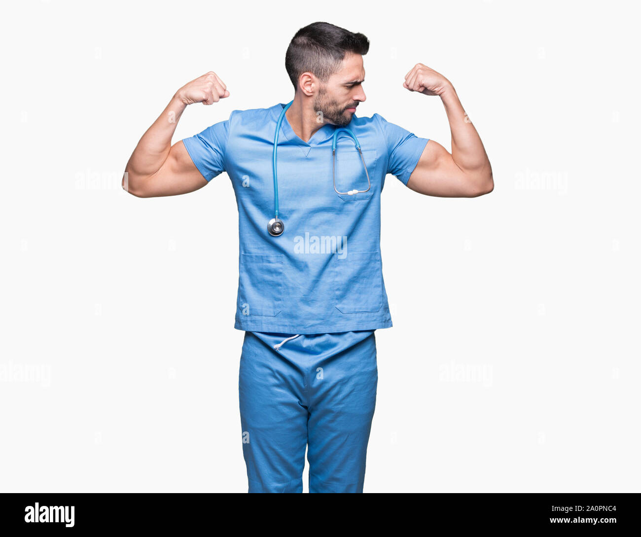 Handsome young doctor surgeon man over isolated background showing arms