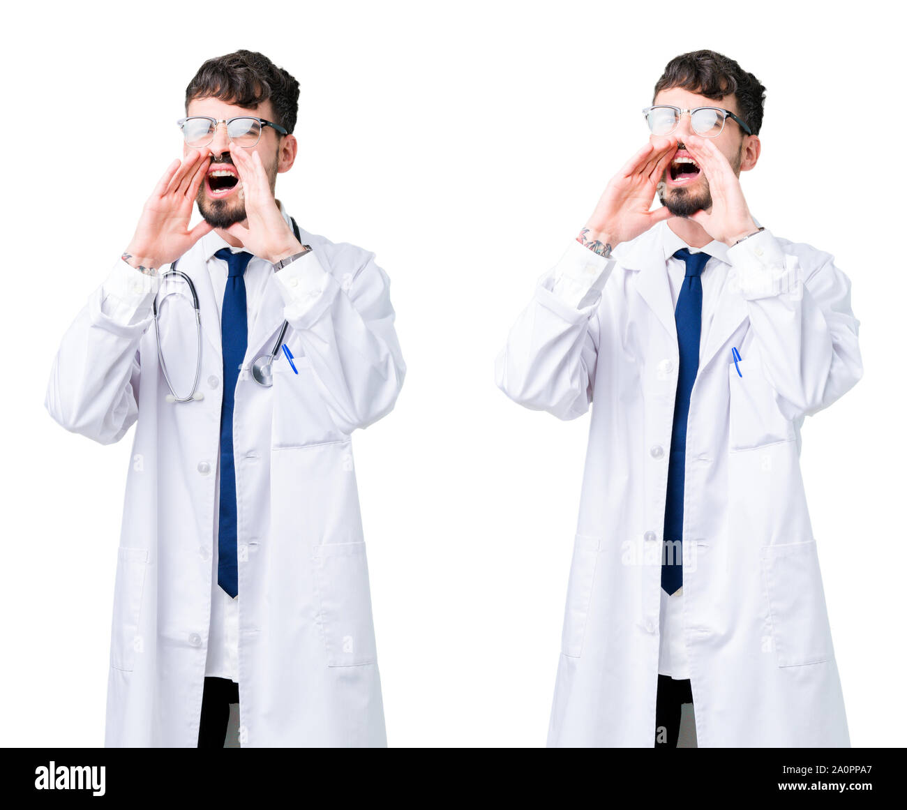 Collage of young doctor man wearing medical coat Shouting angry out ...