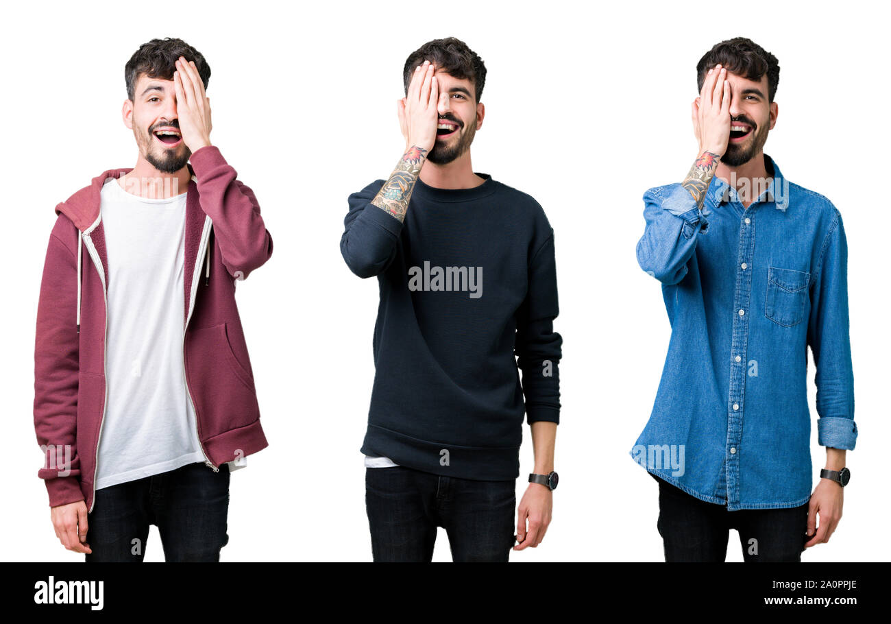 Collage of young man over isolated background covering one eye with ...
