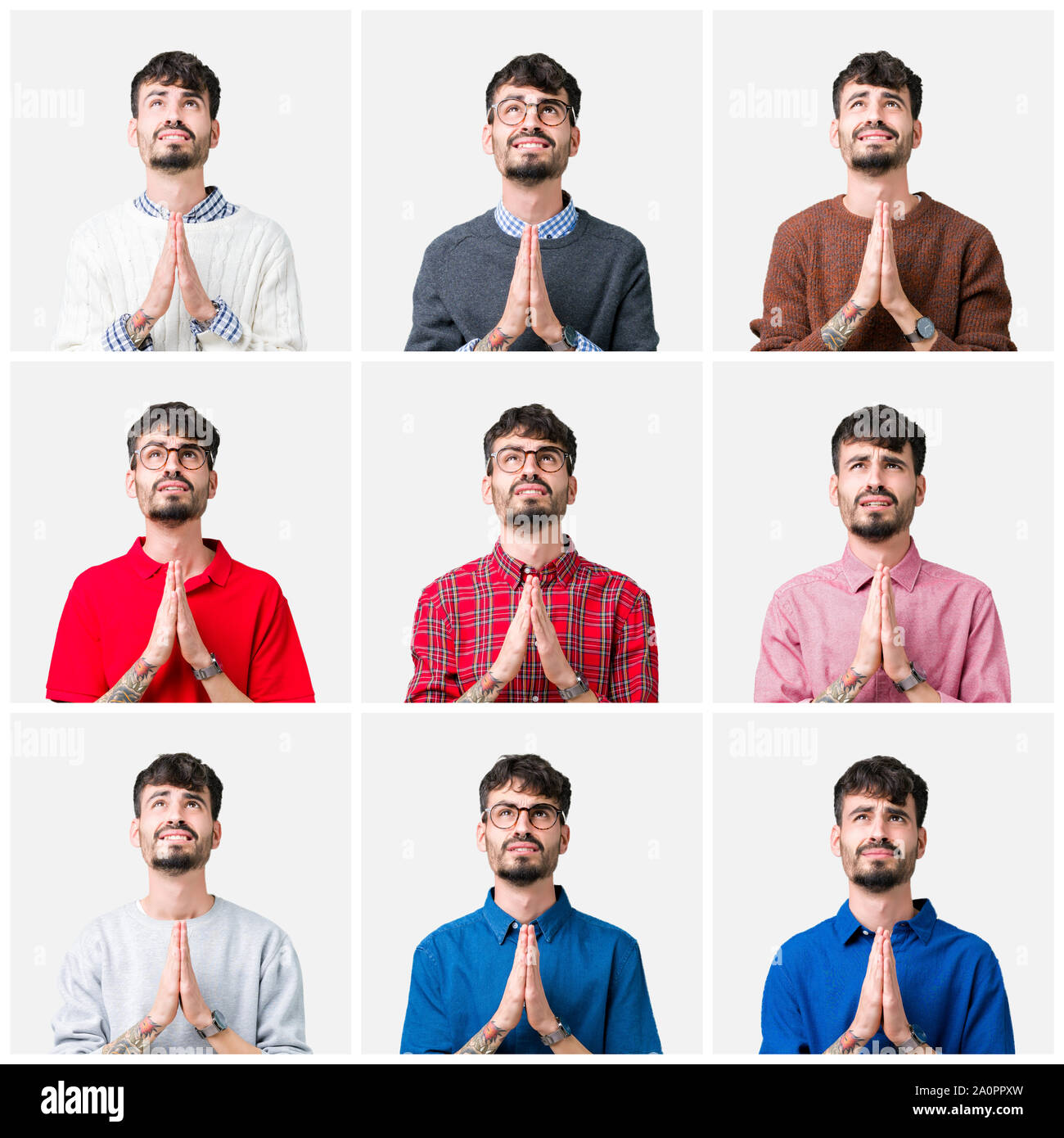 Collage of young man over isolated background begging and praying with ...
