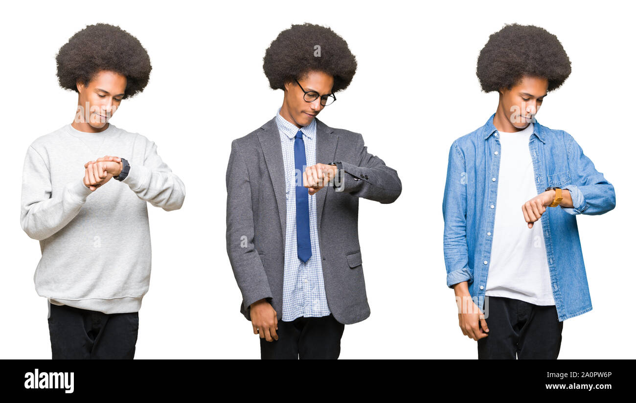 Collage of young man with afro hair over white isolated background ...