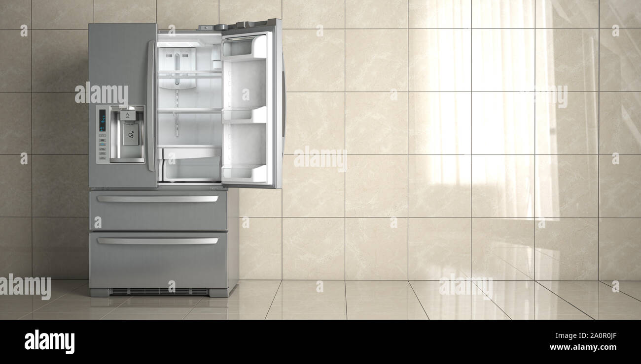 Side by side stainless steel refrigerator on white ceramic tile
