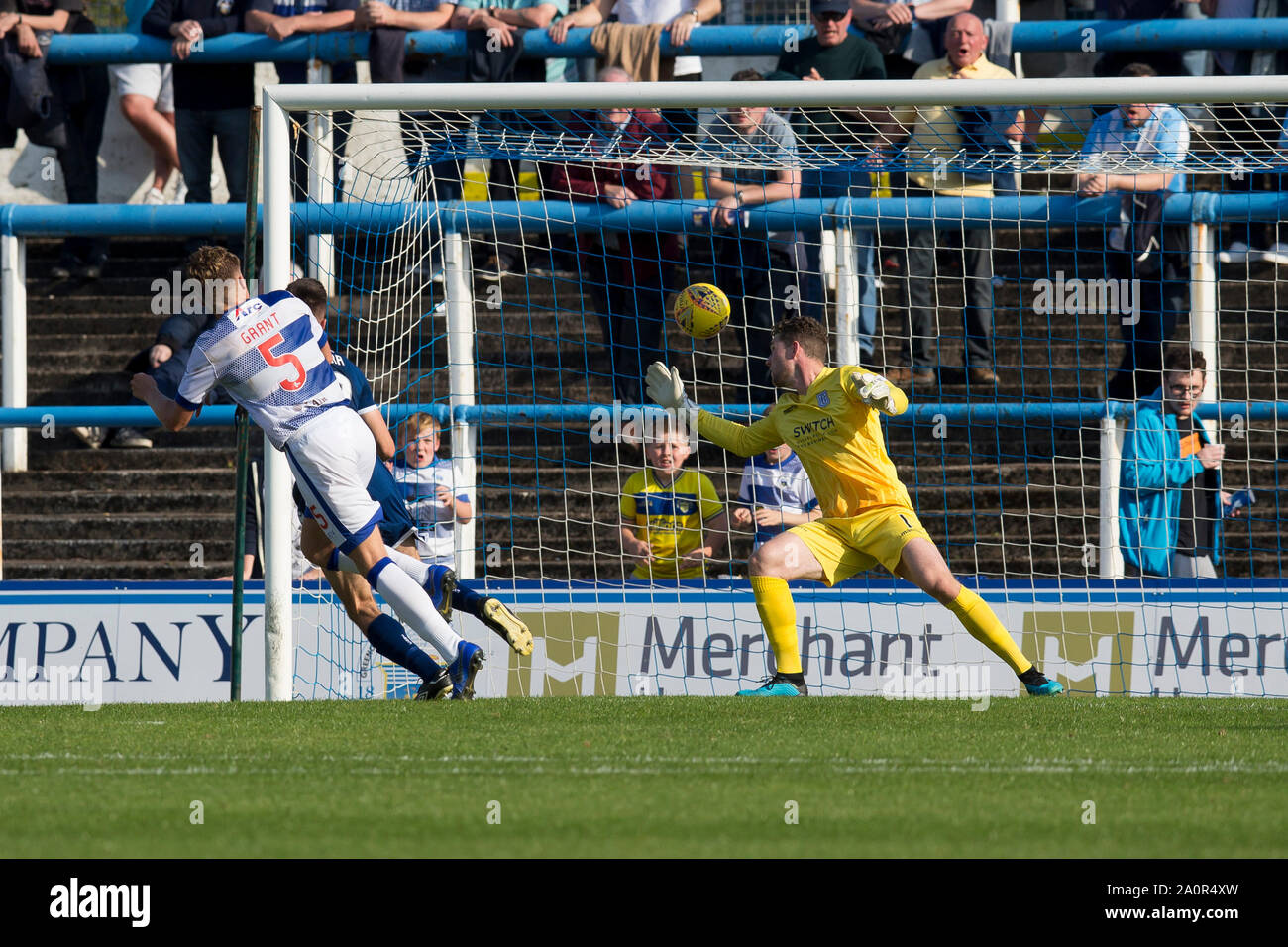 Greenock, Scotland, UK.  21st September 2019; Cappielow Park, Greenock, Inverclyde, Scotland; Scottish Championship Football, Greenock Morton Football Club versus Dundee Football Club; Peter Grant of Greenock Morton scores for 1-0 past goalkeeper Siegrist in the 45th minute Credit: Action Plus Sports Images/Alamy Live News Credit: Action Plus Sports Images/Alamy Live News Credit: Action Plus Sports Images/Alamy Live News Stock Photo