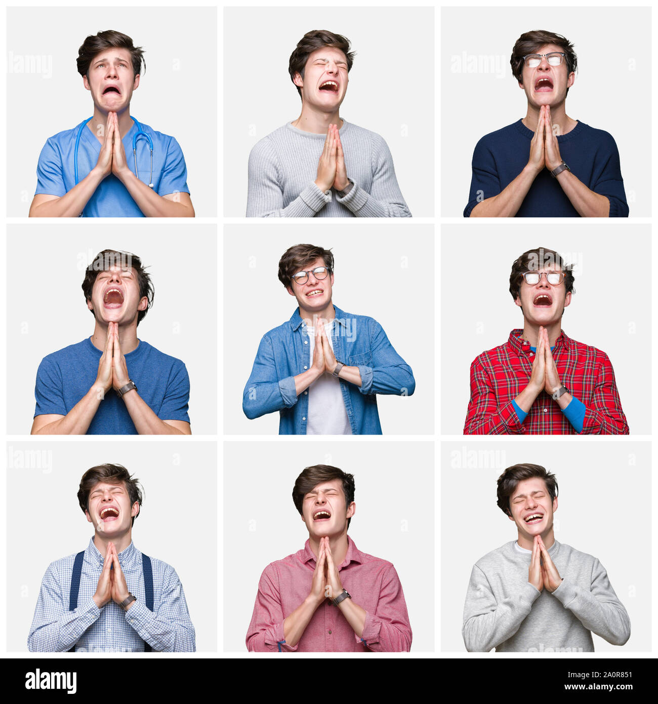 Collage of young man over white isolated background begging and praying ...