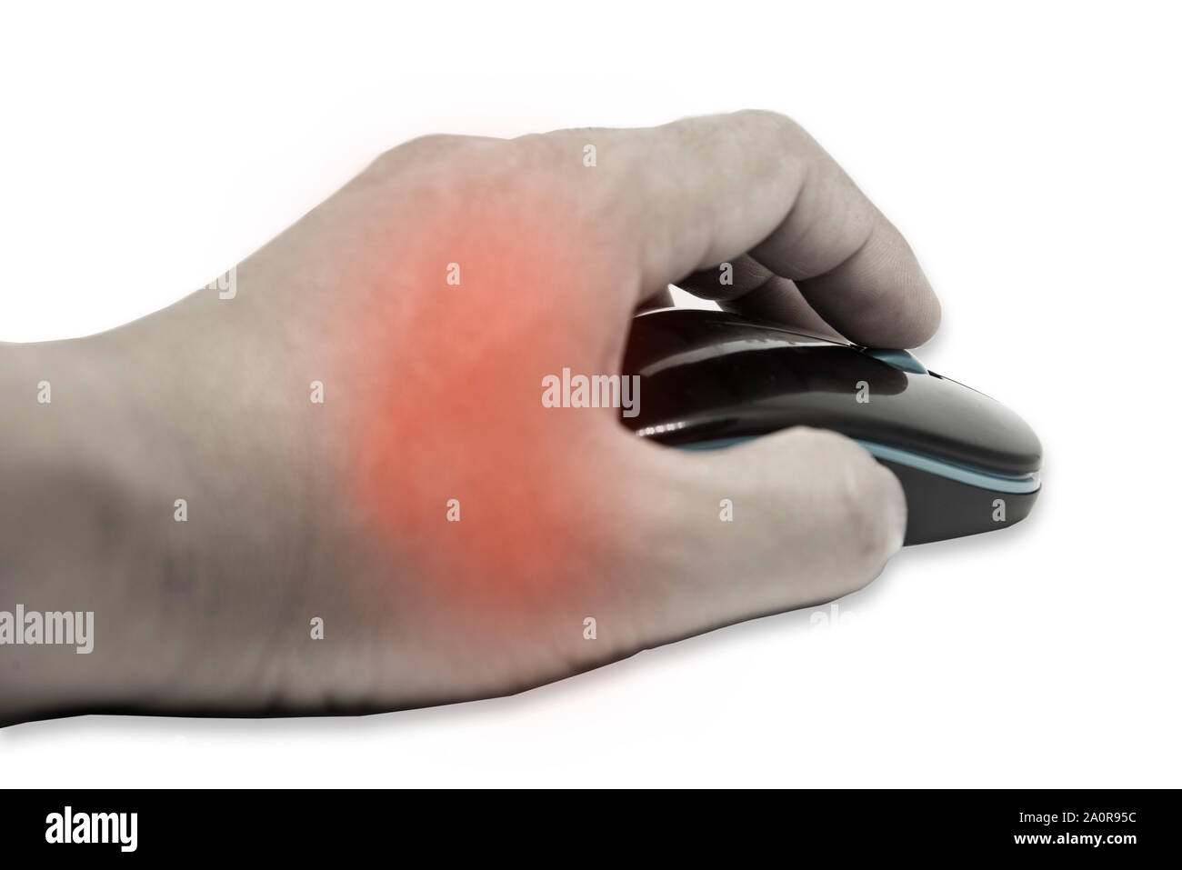 Business man hand pain caused by an excessive use of mouse isolated on