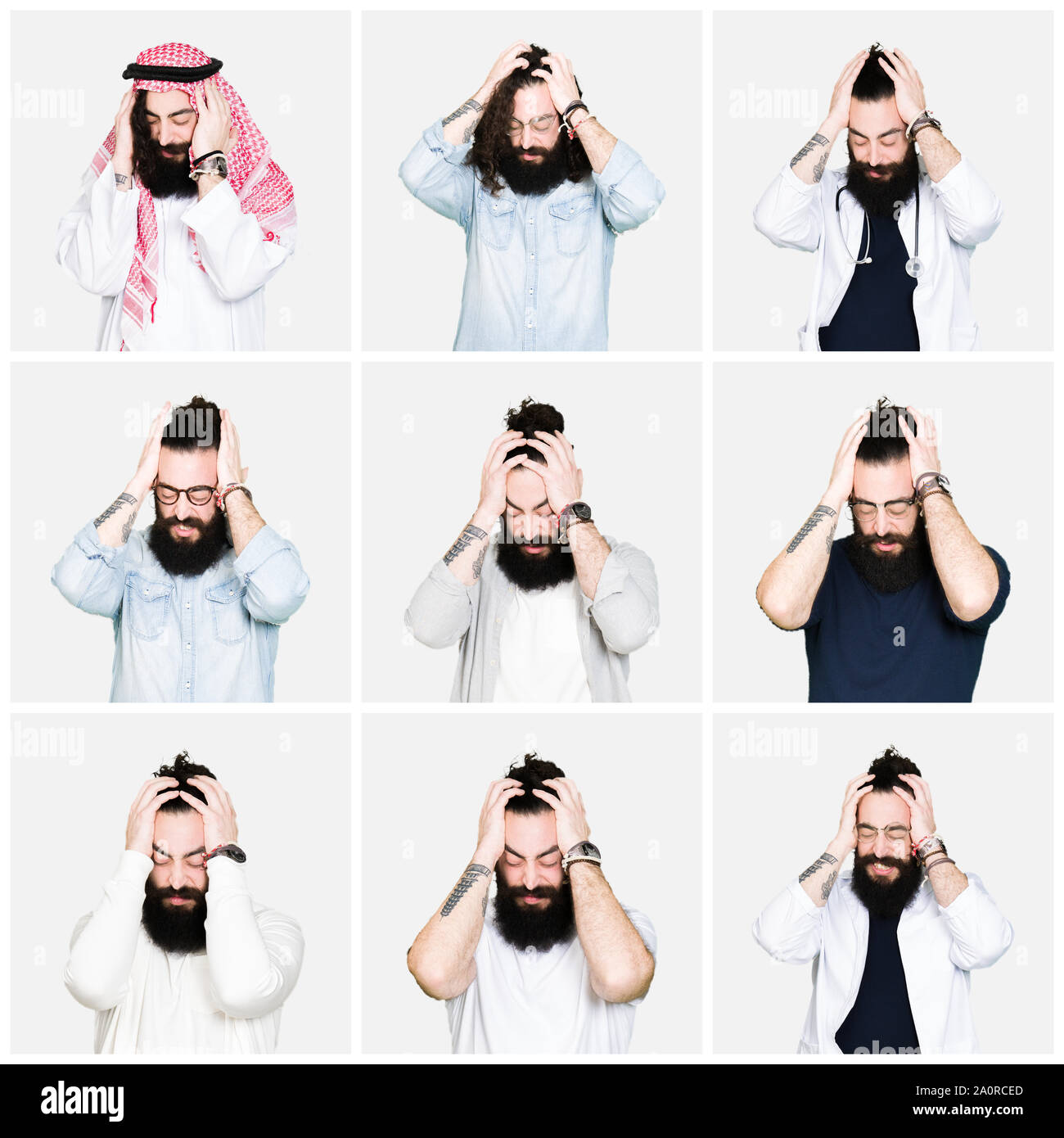 Collage of young man with beard and long hair over white isolated ...