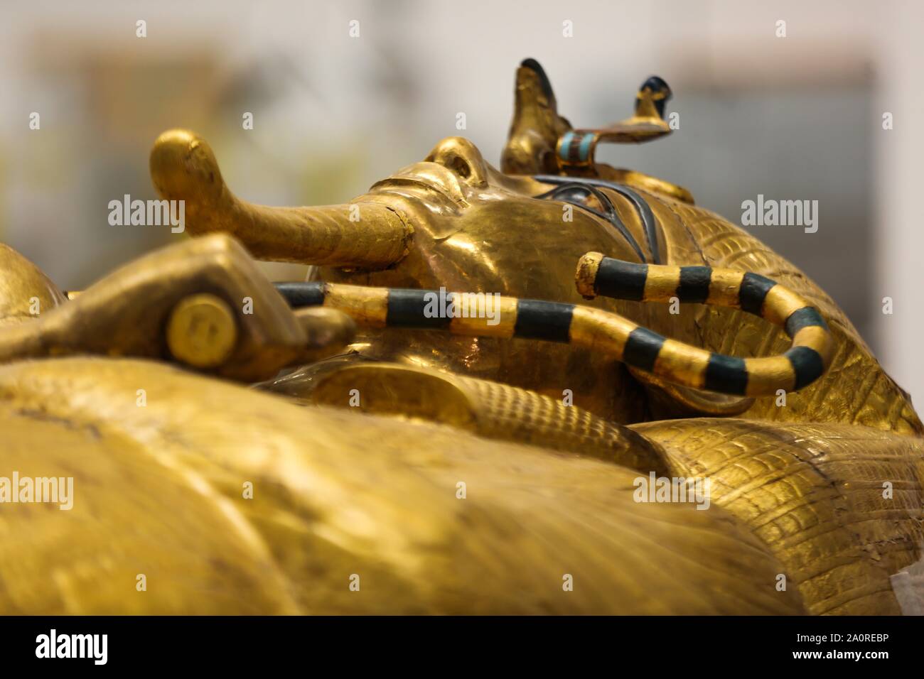 Cairo, Egypt. 21st Sep, 2019. The gilded coffin of King Tutankhamun is ...