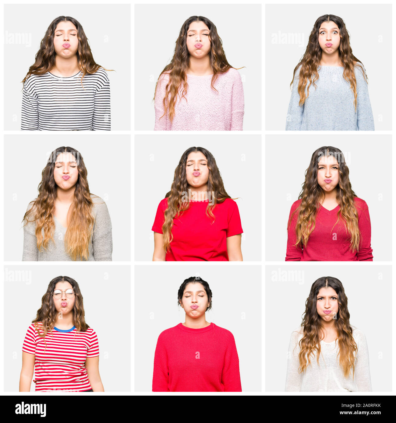 Collage of beautiful young woman wearing different looks over white isolated background puffing cheeks with funny face. Mouth inflated with air, crazy Stock Photo