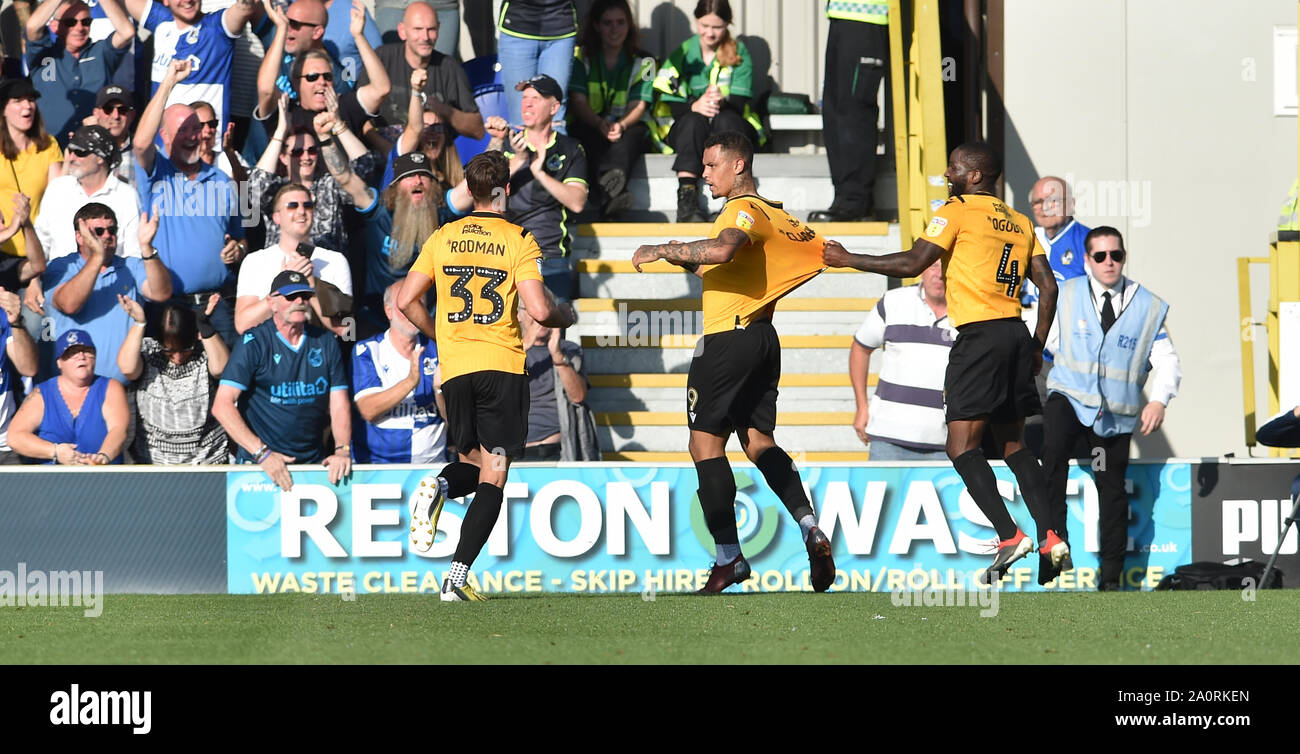London UK 21 September 2019 - Jonson Clarke-Harris (centre) of Bristol Rovers celebrates scoring their second goal during the Sky Bet League One football match between AFC Wimbledon and Bristol Rovers at the Cherry Red Records Stadium- Editorial use only. No merchandising. For Football images FA and Premier League restrictions apply inc. no internet/mobile usage without FAPL license - for details contact Football Dataco . Credit   : Simon Dack TPI / Alamy Live News Stock Photo