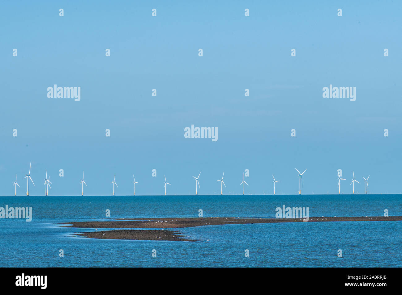 Offshore wind farms on the Kent coast in late summer between Herne Bay