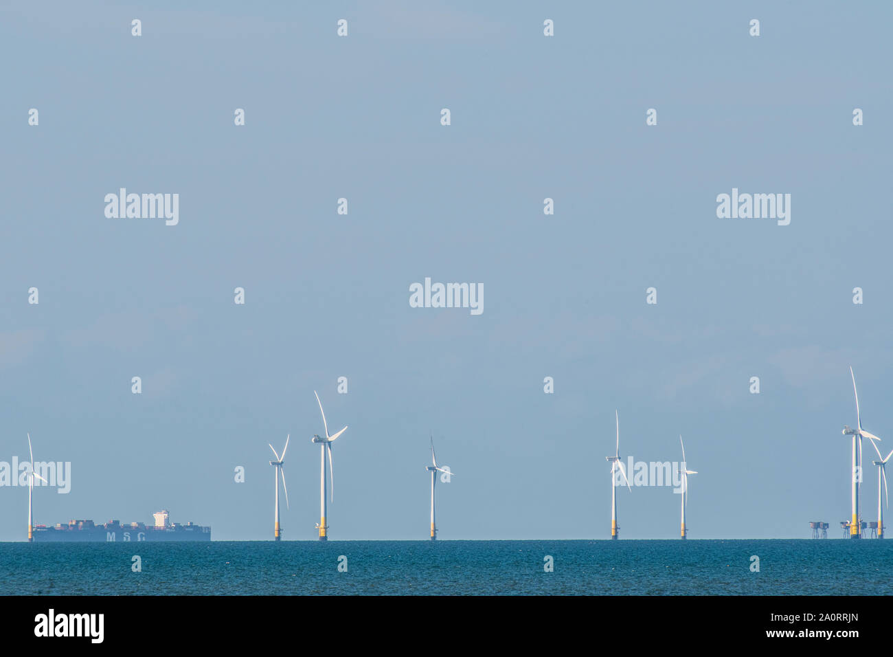Offshore wind farms on the Kent coast in late summer between Herne Bay