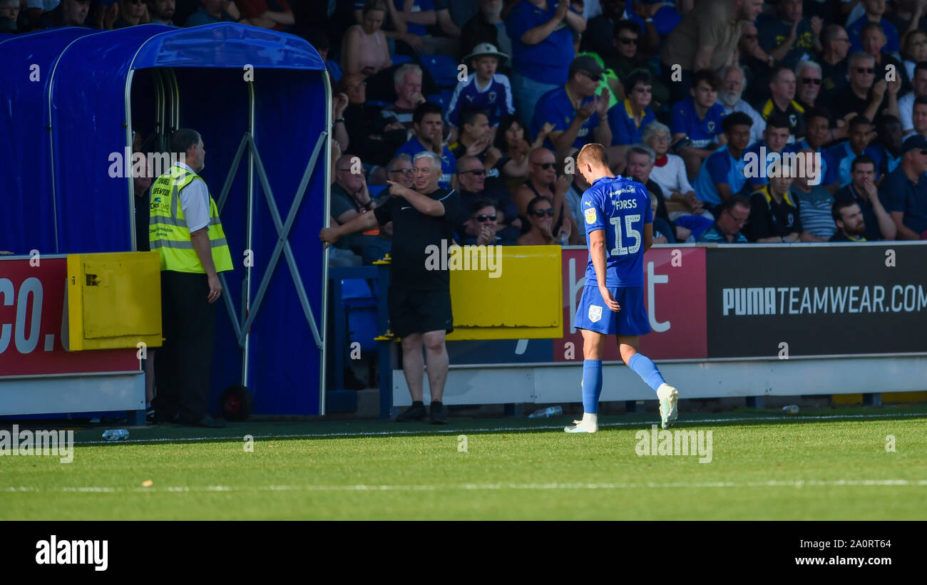 London UK 21 September 2019 -  Marcus Forss of AFC Wimbledon is sent off after a second yellow card during the Sky Bet League One football match between AFC Wimbledon and Bristol Rovers at the Cherry Red Records Stadium  : Simon Dack TPI / Alamy Live News Stock Photo