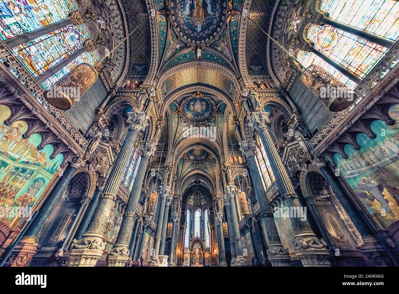 Inside the Basilica of Notre-Dame de Fourviere in Lyon, France Stock Photo