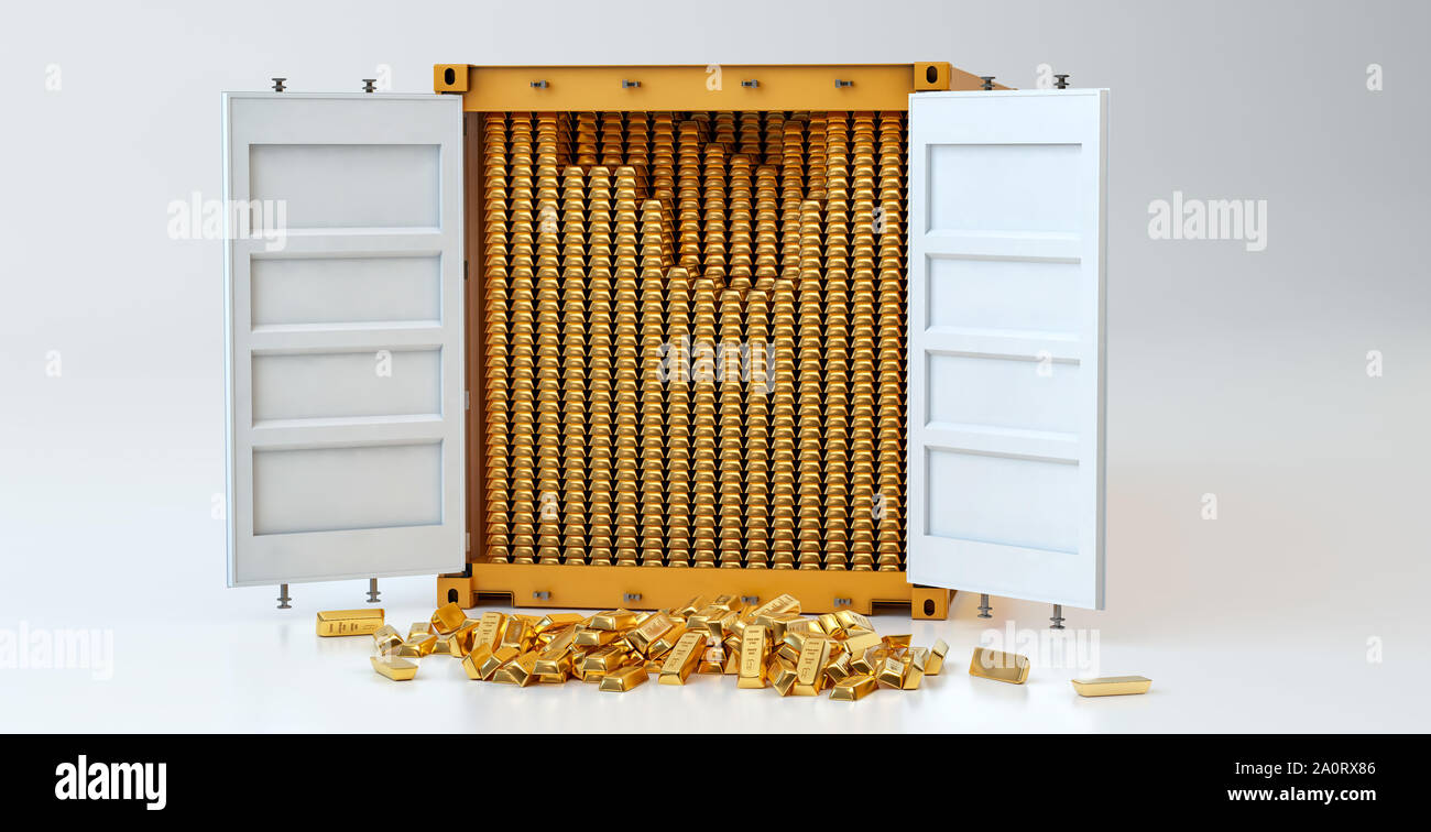 Freight Container filled with Gold bars. Some Gold bars scattered on the ground 3D Rendering