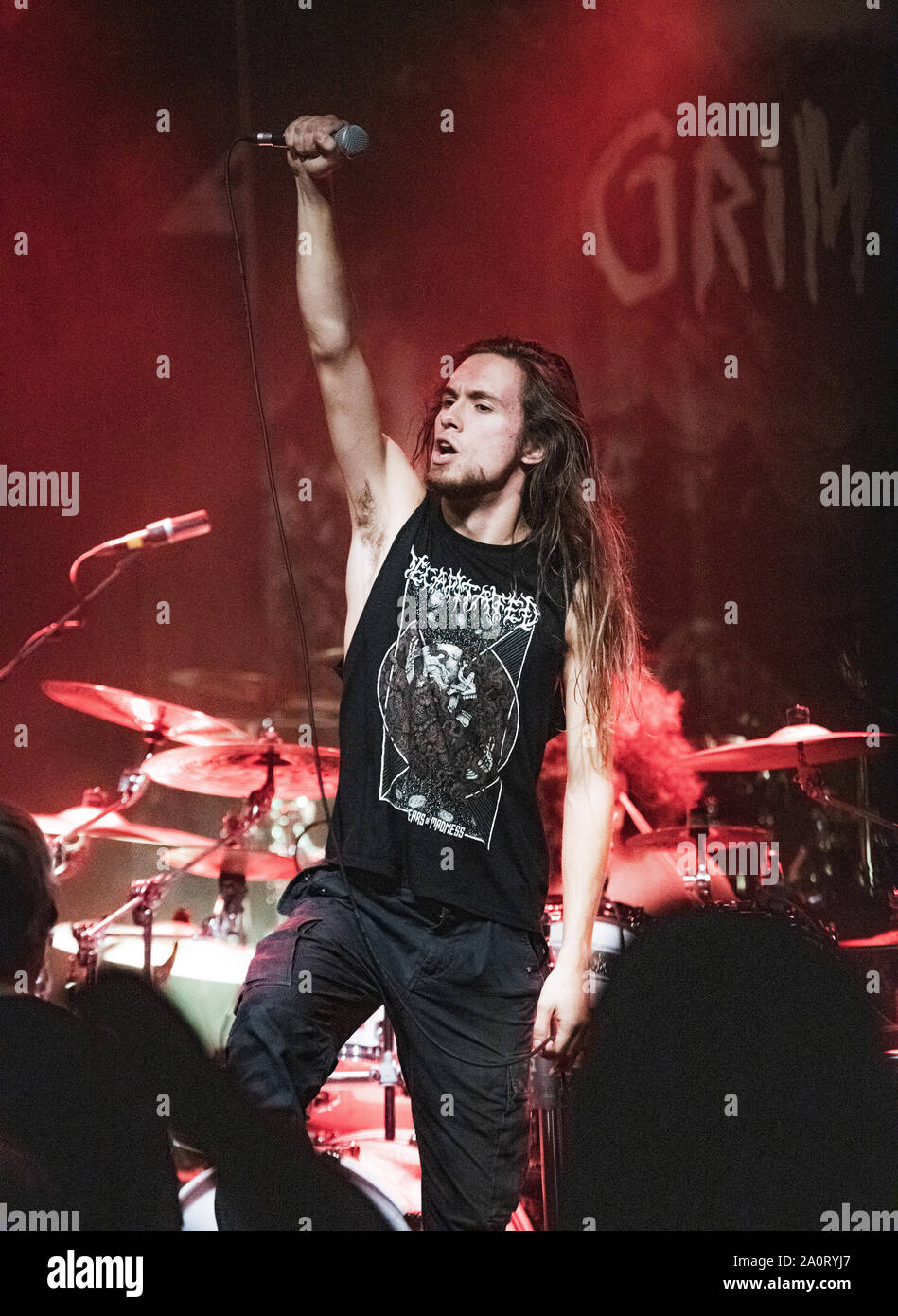 Copenhagen, Denmark. 17th, September 2019. The Bulgarian metal band Grimaze  performs a live concert at Hotel Cecil in Copenhagen. Here vocalist Georgi  Ivanov is seen live on stage. (Photo credit: Gonzales Photo -