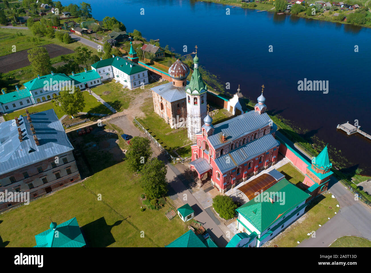 Temples of the Old Ladoga Nikolsky monastery in the sunny day (aerial photography). Old Ladoga, Russia Stock Photo