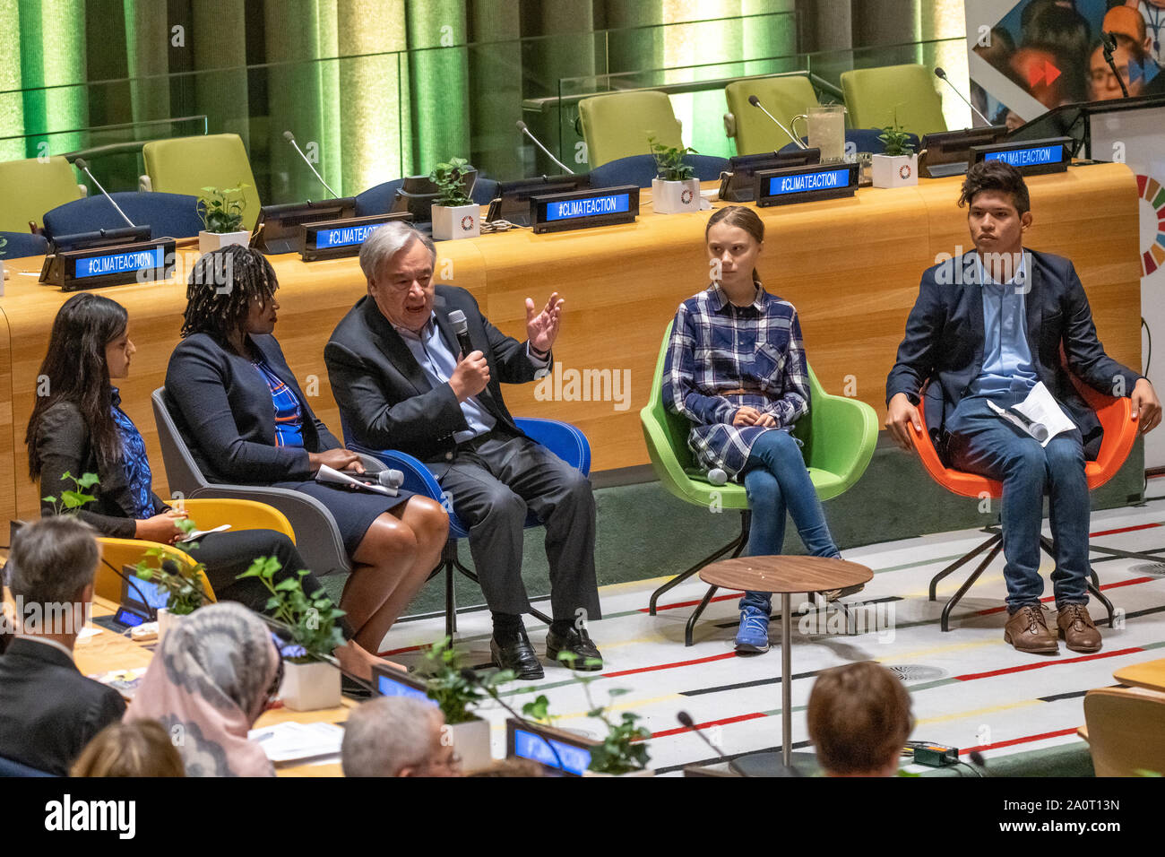 New York, USA,  21 September 2019.  United Nations Secretary-General António Guterres addresses the start of the Youth Climate Summit at U.N. Headquarters in New York City next to young environmental activists (from L):  Komal Karishma Kumar, Wanjuhi Njoroge, Greta Thunberg and Bruno Rodriguez. Credit: Enrique Shore/Alamy Live News Stock Photo