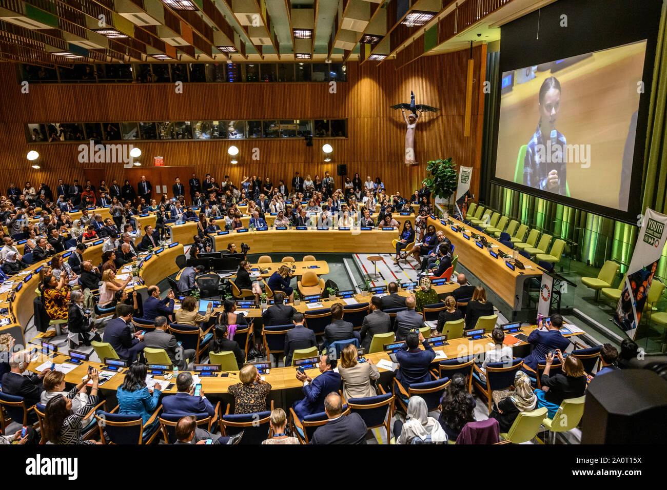 New York, USA,  21 September 2019.  Swedish environmental activists Greta Thunberg delivers the opening speech at the Youth Climate Summit next to UN Secretary-General António Guterres at the United Nations Headquarters in New York City. Credit: Enrique Shore/Alamy Live News Stock Photo